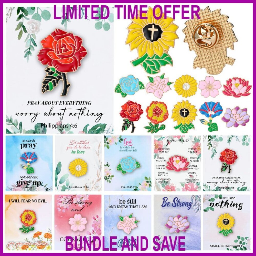 40 Religious Flower Brooch Pins with Bible Cards for Church Events